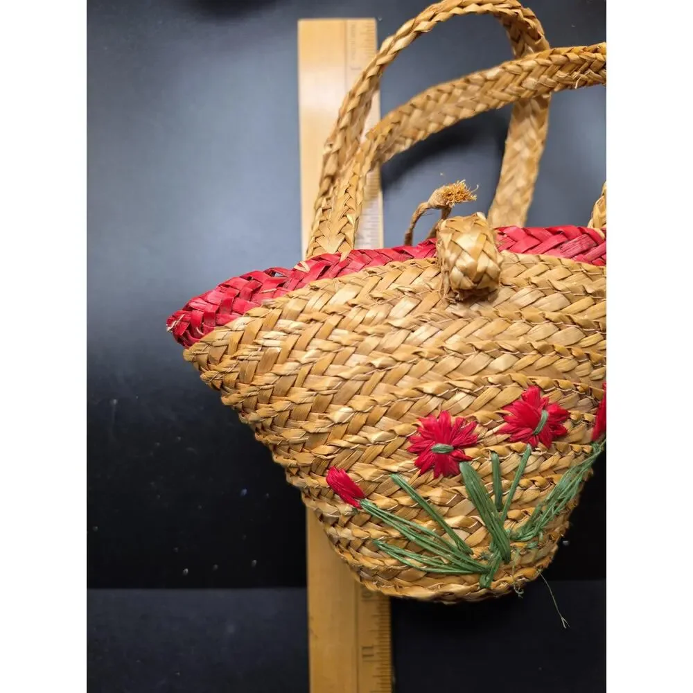 Mid-century child's woven raffia embroidered handbag